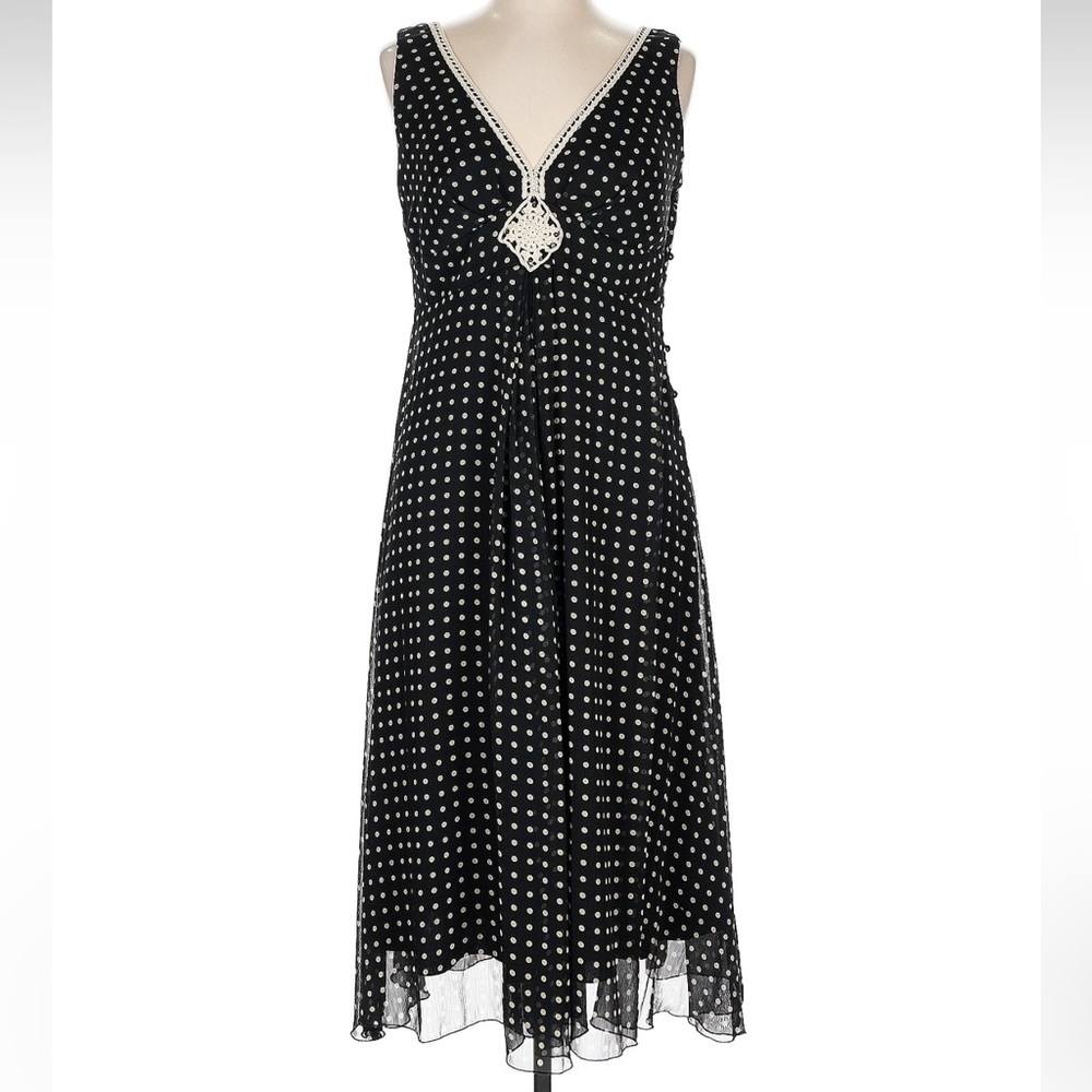 Jonathan Martin Black and White Faceted Side Button Polka Dot Midi Dress fairy - Picture 2 of 10